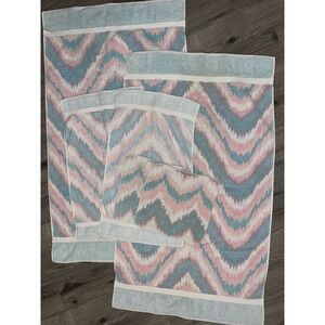 Vintage Towel Set Of 6 Abstract Chevron Print Pink Blue & White